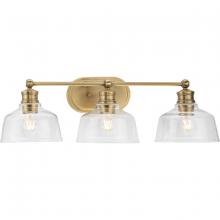  P300397-163 - Singleton Collection Three-Light 26.5" Vintage Brass Farmhouse Vanity Light with Clear Glass Sha