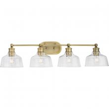  P300398-163 - Singleton Collection Four-Light 36" Vintage Brass Farmhouse Vanity Light with Clear Glass Shades