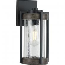  P560281-31M - Whitmire Collection One-Light Matte Black with Aged Oak Accents Clear Seeded Glass Farmhouse Outdoor