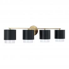  153041RK-549 - 4-Light Cylindrical Metal Vanity in Matte Black with Matte Brass Interior and Seeded Glass