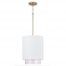  353011RE - 1-Light Cylindrical Metal Pendant in Matte White with Matte Brass Interior and Seeded Glass