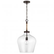  9F370A - 1-Light Clear Seeded Glass Tapered Urn Pendant with Natural Jute Rope Accent in Bronze