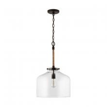  9F372A - 1-Light Clear Seeded Glass Wide Cloche Pendant with Natural Jute Rope Accent in Bronze